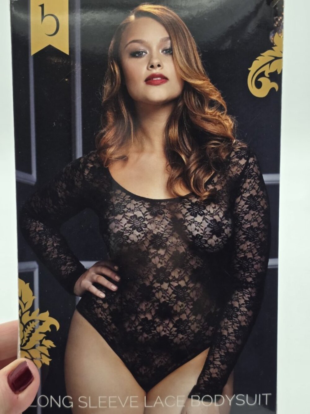 Baci Lingerie Womens Queen Size 14-18 Black Sheer Sexy Long Sleeve Lace Bodysuit